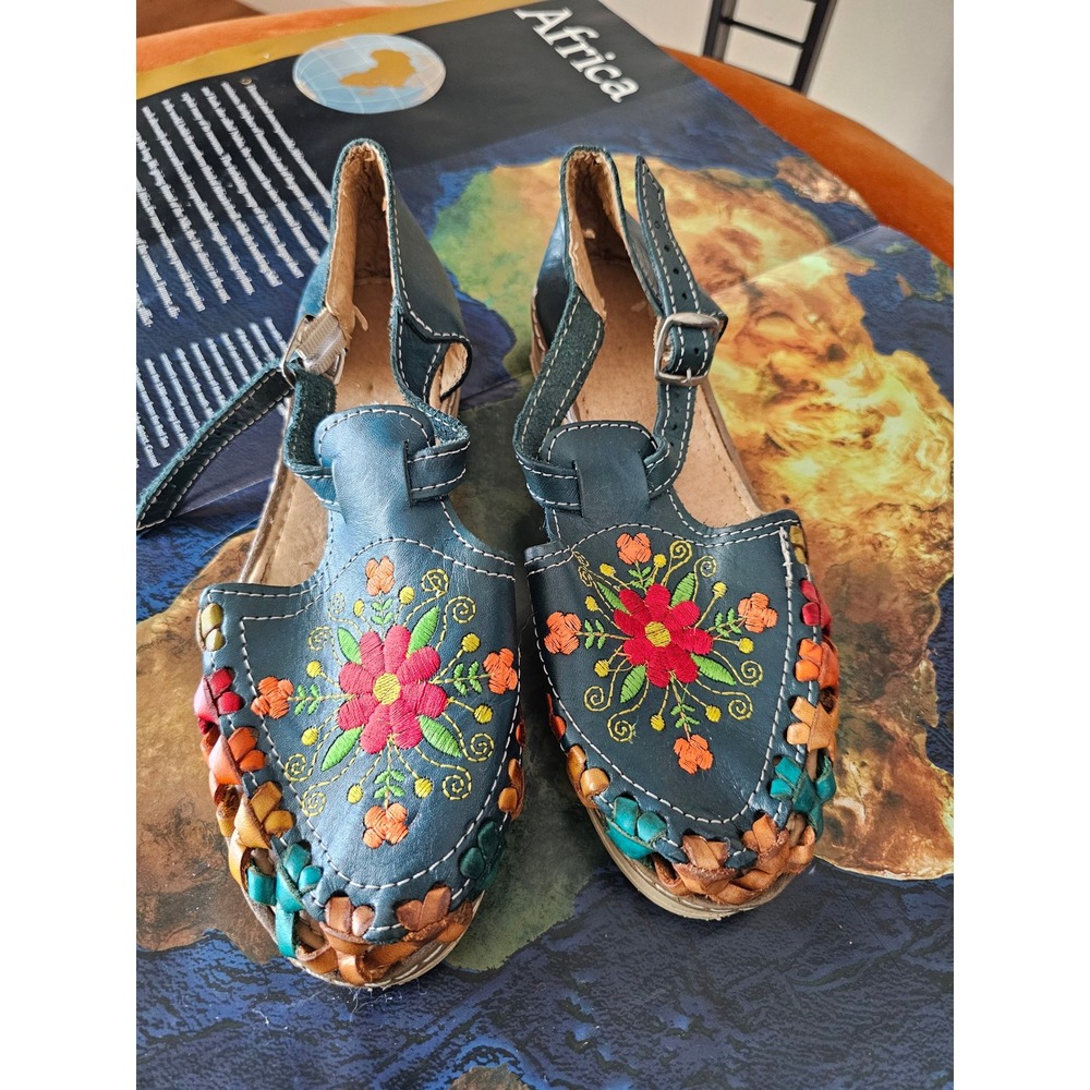 Mexican Huarache Sandals Teal Leather Floral Embroidered Woven Flats Womens 7 38